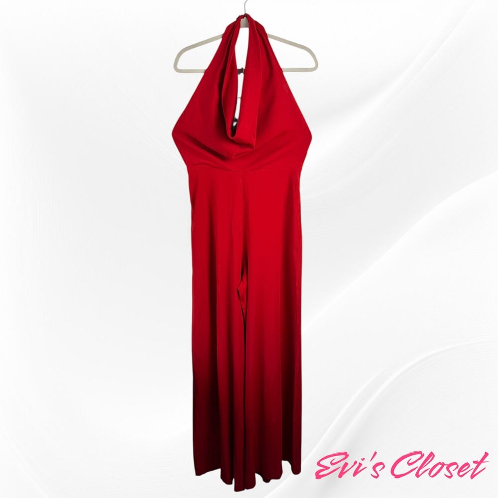 Massimo Dutti Women's Red Halter JumpSuit Flared Neck Drop Front Sz M
